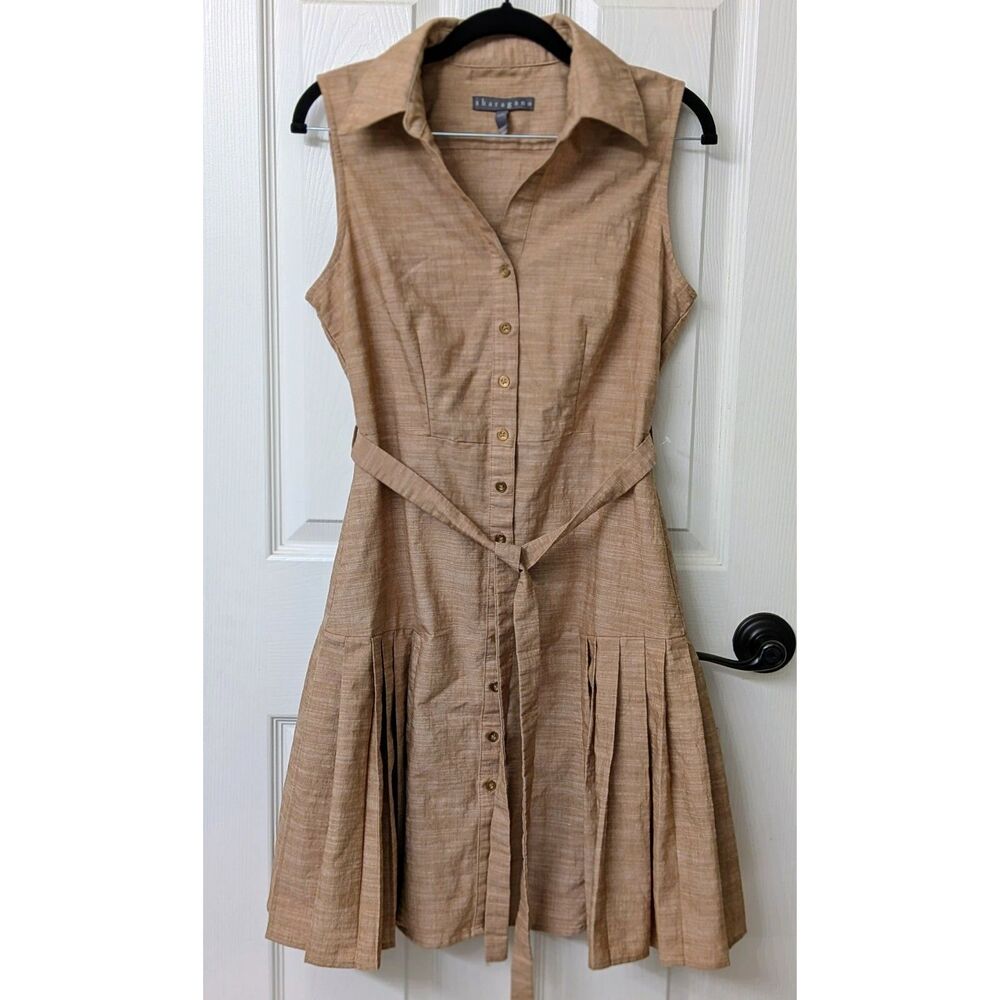 Sharagano Midi Dress Pleated Skirt Light Brown Gold Buttons w/ Belt | SZ 6